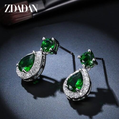 ZDADAN 925 Silver Green CZ Stud Earrings For Women Wedding Anniversary Jewelry