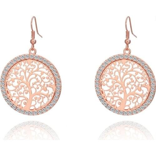 Gold Color Round Tree of Life Drop Earrings Crystal Women Hollow Tree earrings Vintage Style Jewelry Femme Pendientes party Gift