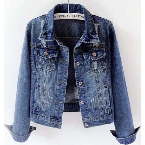 Plus size 6XL Women Basic Coats Autumn Denim Jacket 2020 Vintage Long Sleeve hole Slim Jeans Coat Casual