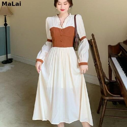Frenc Vintage Dress Women Long Sleeve V-Neck Chiffon One-Piece Dress Female 2021 Autumn Korean Evening Party Fairy Elegant Dress