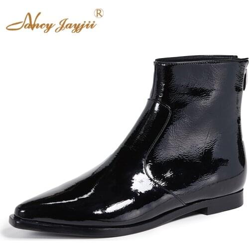 Winter Black Ankle Boots Ladies Pleated Patent Leather Slip-on Pointed Toe Solid Zipper Office Shoes Womens Fashion Size 44 14