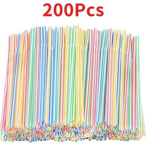200 Pcs Plastic Drinking Straws Household Kitchen Multi-Colored Striped Bedable Disposable Straws Party Supplies Color Random