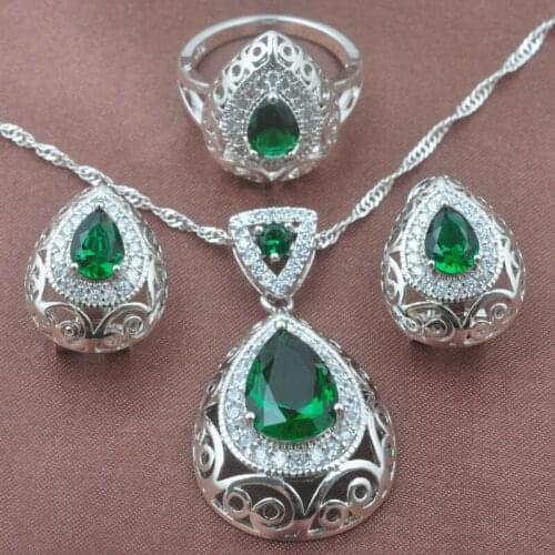 2017 Unique Green Zirconia Womens Silver Color Jewelry Sets Necklace Pendant Earrings Ring Free Shipping TZ0213