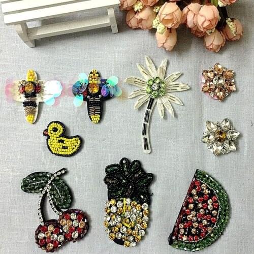 5Pcs 3D Handmade Rhinestone beaded Patches Fruit Flower Sew on sequin patch for clothing beading Applique cute patch