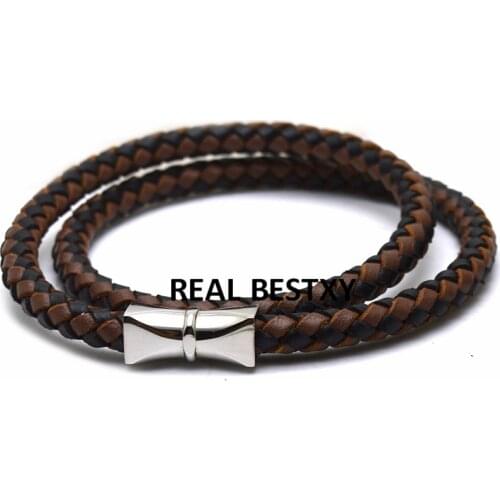 5pcs/lot custom logo Mens Bracelet two layers Genuine Leather Bracelet Stainless Steel Magnetic Clasp Bangle Male