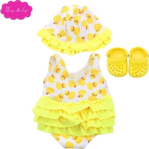 18 inch Girls doll swimsuit cartoon print bathing suit + cap with shoes American newborn dress toys fit 43 cm baby dolls c137
