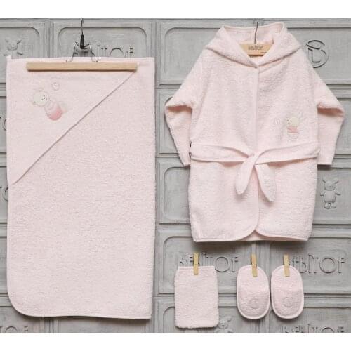 Bebitof Newborn Baby Girls Toddler 100% Cotton Terry Bathrobe & Hooded Towel Set Bathtime Gift Bundle 5 Piece Pink 0 – 24 Month