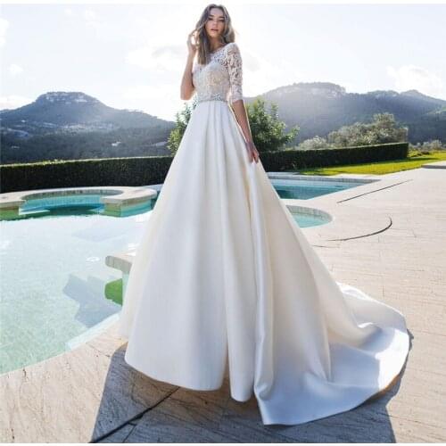 High Neck Long Sleeves Matte Satin Wedding Dress with Pocket Lace Button Down Bridal Gown Vestido De Noiva Sereia