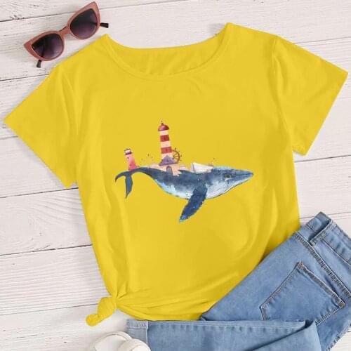 Minimalism Clothes Beacon Lighthouse Whale Printed Top Tees T-Shirt Female Streetwear 2021 O-Neck Loose Womens T-Shirts