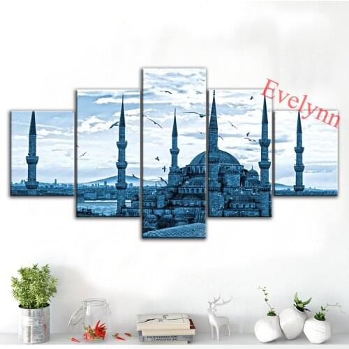 Hd Modular Pictures 5 Pieces Poster Sultan Ahmed Mosque Istanbul, Turkey Wall Art Canvas Home Decoration Painting Frame