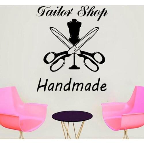 Tailor Shop Logo Wall Decal Clothes Atelier Sewing Studio Interior Decor Door Window Stickers Handmade Lettering Wallpaper E084