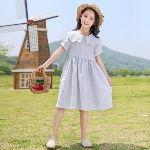 New Summer Girls Dresses Kids Plaid Elegant Princess Dress Baby Girls Sweet Doll Collar Short Sleeve Dress for Children Clothes
