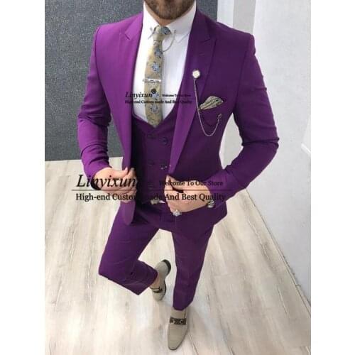 New Purple Men Suit 3Pcs 2020 Formal Suit Mens Prom Wedding Bridegroom Tuxedos Slim Fit Mens Suits Set (Jacket+Pants+Vest)