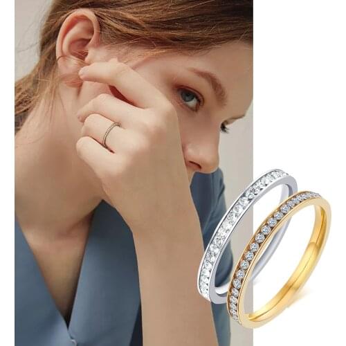 Women Bling CZ Stones Wedding Band Rings,Thin 2mm Stainless Steel Shinny Female Lady Finger Gift Jewelry, US Size