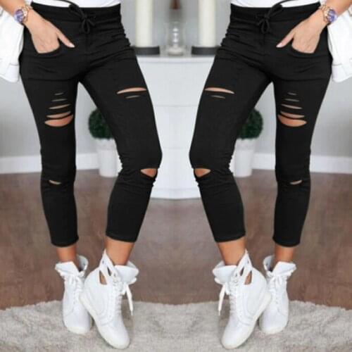 Casual Skinny High Waist Jeans Women Stretch Hole Slim Fit Denim Pencil Pants Trousers Army Green White Black XXL