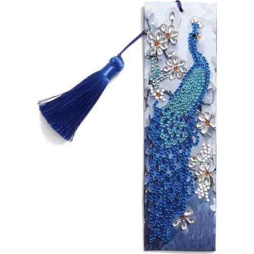 PPYY-DIY Diamond Painting Bookmark, Painting By Numbers Kit, Embroidery Painting Tassel Leather Bookmark Set, Peacock