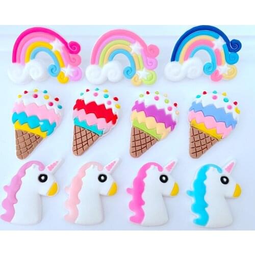 30Pcs/lots Cute Rainbow Unicorn Ice Cream Rubber Flatback Supplies DIY Hair Bows Center Jewelry Making Phone Shell Accessories