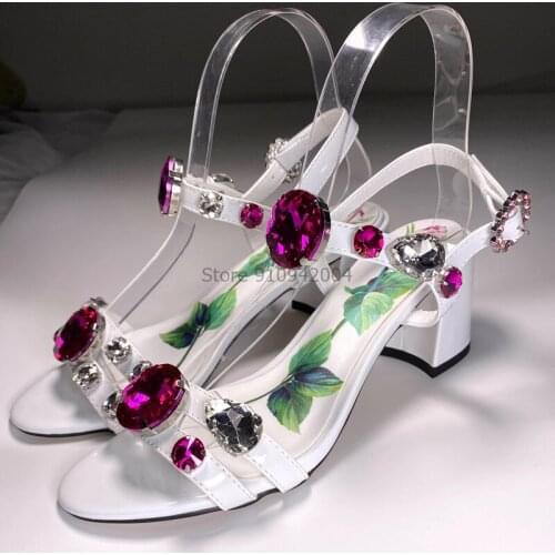 White Printed Flower Chunky High Heel Sandals Woman Jeweled Crystal Ankle Strap Open Toe Buckle Rhinestone Summer Sandals Women