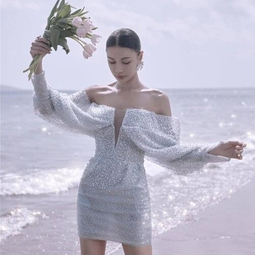 Silver V-Neck Mermaid Evening Dresses 2021 Gorgeous Women Off-Shoulder Long Sleeves Formal Prom Gown Knee-Length robes de soirée