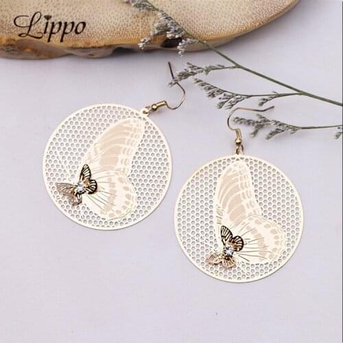 European and American Retro Style 3D Butterfly Round drop earrings hollow out large dangle earring summer jewelry pendientes