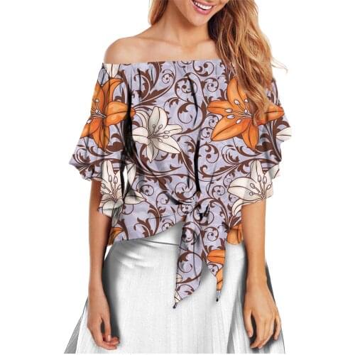 HYCOOL Fashion Polynesian Floral Print Latest Tops Designs Girls Flare Sleeve Custom T Shirt Bow Summer Slash Neck Blouse Female