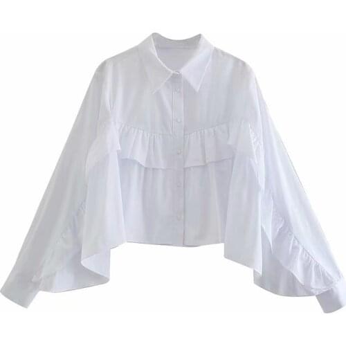 ZA Fashion 2021 Women White Solid Cotton Poplin Vintage Shirt Laminated Trim Long Sleeve Ladies Tshirt Mujer Tops