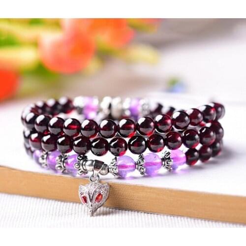 JoursNeige Natural Garnet Stone Bracelets 108 Round Beads With Purple Crystal Bead Fox Bracelets Lucky for Women Stone Jewelry