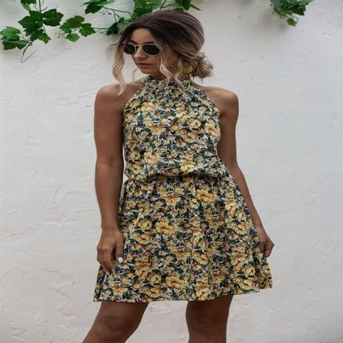 2021 Summer New Fashion Women Sexy Printing Floral Short Dress Vintage Ladies Sleeveless Design Halter Beach Female Mini Dresses