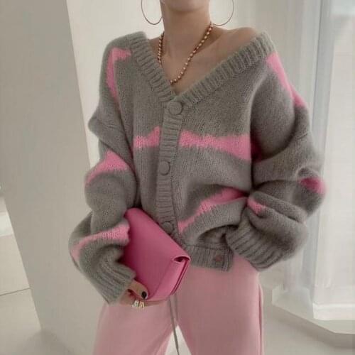 Dresses For Women 2021 Autumn Casual Striped Knitted Cardigan Sweater Coat Loose Spliced V-neck Long-sleeve Single Breasted