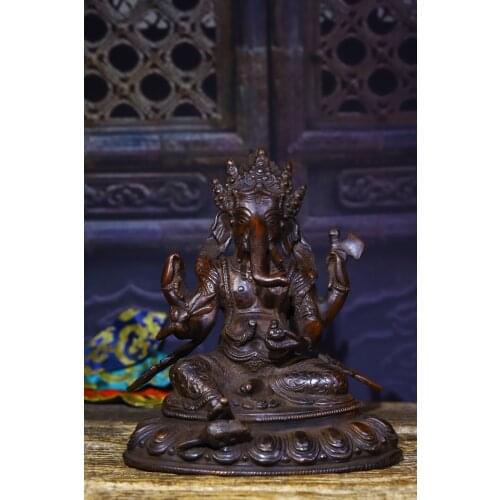 8" Tibet Buddhism Lima Bronze Engraved Elephant Trunk God of Wealth Buddha statue God of Brahman Elephant head Town House