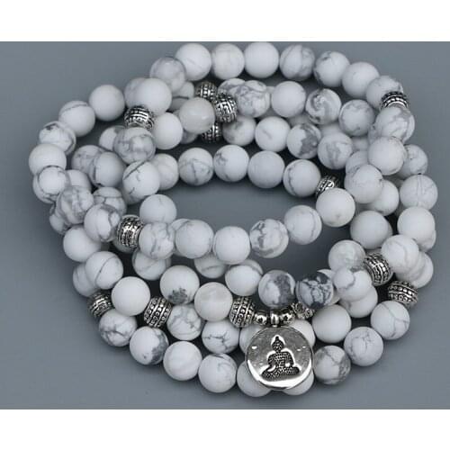 EDOTHALIA Elastic Style 8MM Matte Howlite Beads Mala Bracelets For Women Girls Silver Color Buddha Lotus Charm Yoga Bracelet