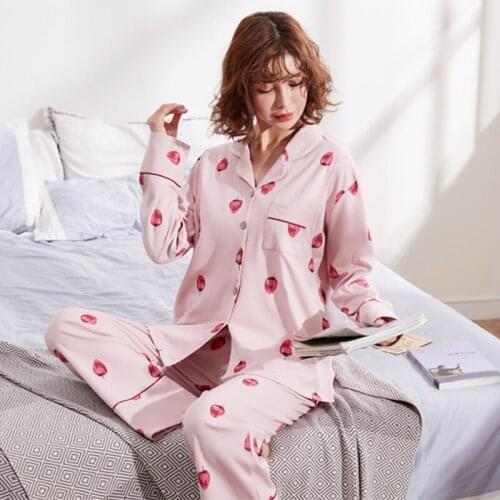 Cotton Maternity Pajamas Set Strawberry Style Cardigan+Trousers Turn-down Collar Pregnant Women Nursing Clothings Nightgown