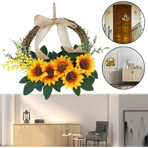 26CM Artificial Sunflower Wreath Summer Front Door Decorative Fake Flower Wreath DIY Hanging Wreath Craft Party Home Decoration