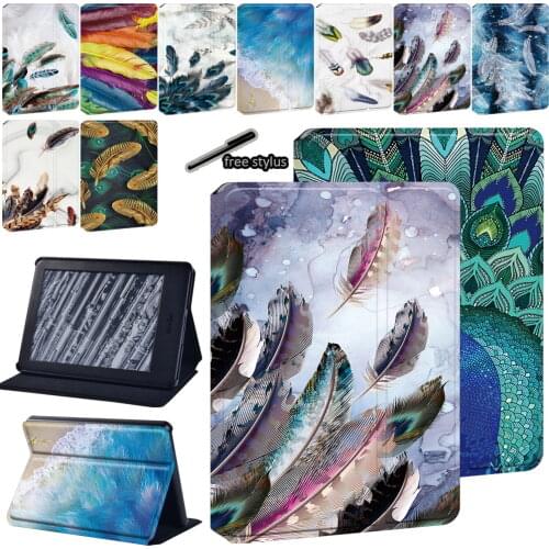 Tablet Cover Case For Amazon Kindle 8th 10th Paperwhite 1/2/3/4 Feather Series Print Pattern Protective Case+Free Stylus