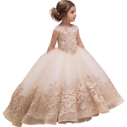 Girls Royal Princess Champagnelace Wedding Dress Flower Girl Gown Dress Children Girl Long Train Lace Birthday Party Clothes