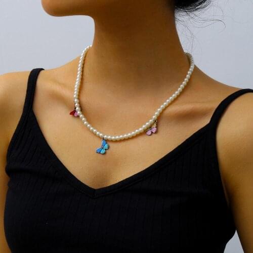 New Harajuku Pearl chain Colorful Butterfly choker necklace for women Girls cute pendant statement necklace jewelry Party Gifts