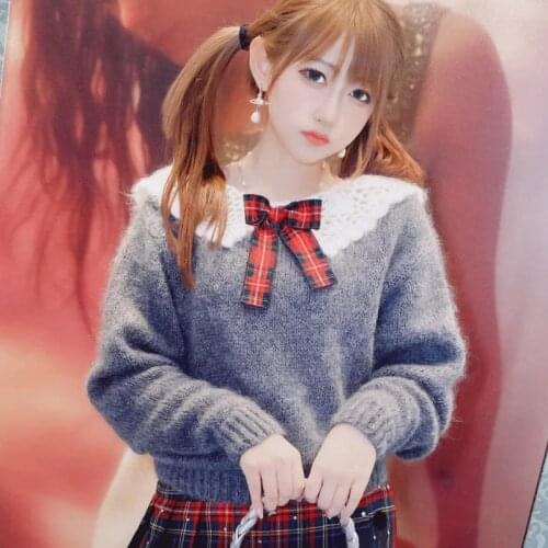 Fall Spring New Bowtie Cute Sweet Lolita Kawayi Girls Kniting Sweaters Preppy Harajuku Back Lace X'mas Gift