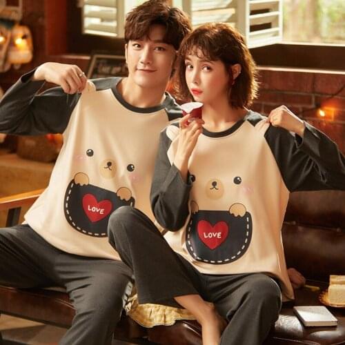 2021 Autumn Couple Cotton Long Sleeve Pajama Sets For Women Korean Cute Cartoon Sleepwear Suit Pyjamas Men Homewear Home Clothes