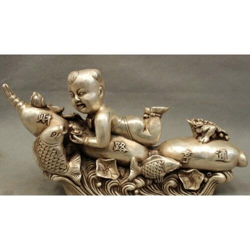 Song voge gem S3087 13" Folk Chinese Silver Wealth Fish Cai Hoptoad Child Statue Kid On Lotus Root