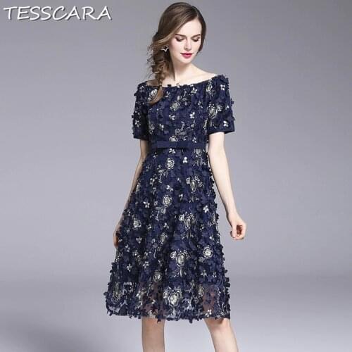 TESSCARA Women Elegant Luxury Embroidery Dress Festa Female High Quality Vintage Designer Vestidos Office Party Mesh Robe Femme