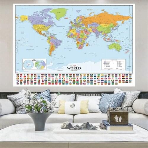 225*150cm The World Political Map with National Flag Wall Poster Canvas Painting Non-woven Fabric Home Decor School Supplies