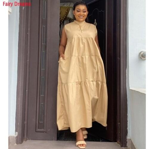 Casual Dress African Womens Clothing Plus Size Fashion Stitching Solid Color Ladies Clothes Vestir Robe Green Pink White