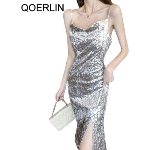 QoerliN Spring Summer Woman Tank Dress Sliver Velvet Sexy Backless Camisole Elastic Sundress Side Split Dresses Camis Sexy Dress