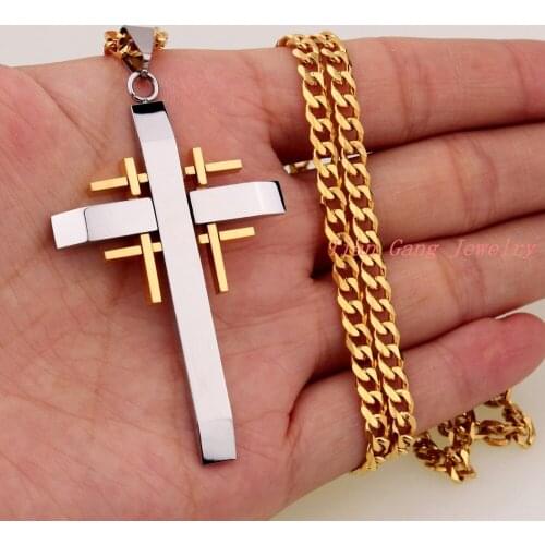 Silver Color Gold Color Cross Pendant Necklace Male Men Jewelry Stainless Steel Best Friends Pendant Long Chain