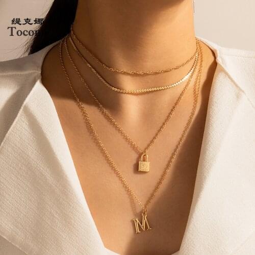 Tocona Boho Lock Pendant Necklace for Women Letter M Multilayer Sweater Chain Gold Color Alloy Metal Jewelry Drop Shipping 16415