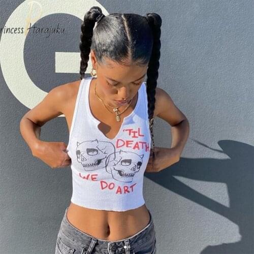 Tank Tops Summer Square Collar Trendy Letter Print With Pin Buckles Women Skeleton Printed Stretchy Sleeveless Crop Top Y2k Top