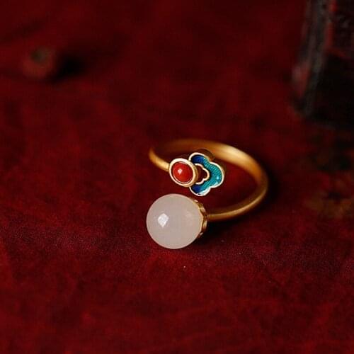 Vintage Gold Color Wedding Ring White Round Khotan Jade Ring Blue Enamel Flower Opening Rings For Women Boho Engagement Jewelry