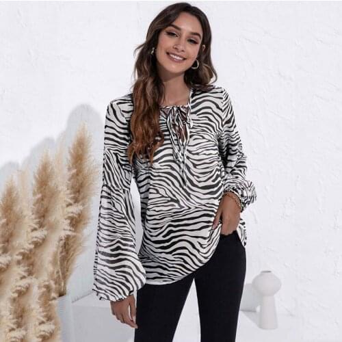 2021 Autumn Chiffon Blouse Women Bandage Puff Sleeve Blouse Shirt Ladies Bandage Zebra Blouse For Women