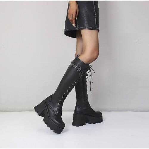 YMECHIC 2021 Autumn Winter Gothic Punk Military Combat Womens Platform Boots Buckle Strap Cross-tied Creeper Wedges Shoes Black