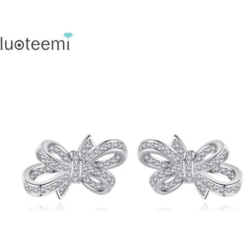 LUOTEEMI Luxury Bowknot CZ Stud Earrings for Women Wedding Engagement Fashion Jewelry Party Brincos Bijoux Femme Christmas Gifts